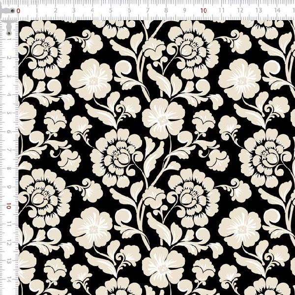 Tecido Tricoline Estampado Flores de Camafeu Preto 2118V006