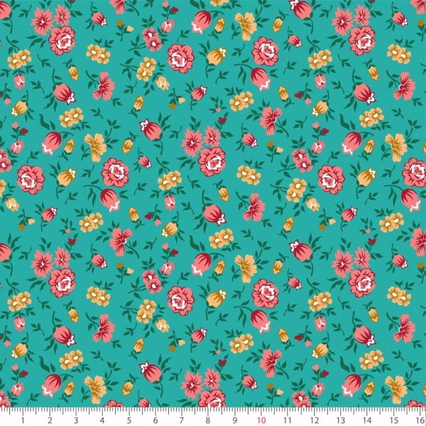Tecido Tricoline Estampado Flores e Botões Verde 6176v01