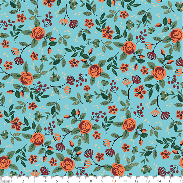 Tecido Tricoline Estampado Floral Pequeno Laranja Fundo Azul 7143v001