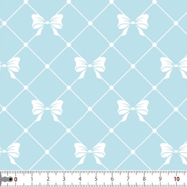 Tecido Tricoline Estampado Laço Branco Fundo Azul Bebe 2948