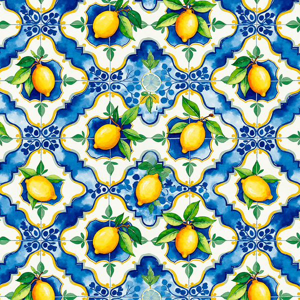 Tecido Tricoline Estampado Laranjal Azulejo Portugues Limões 9050V417