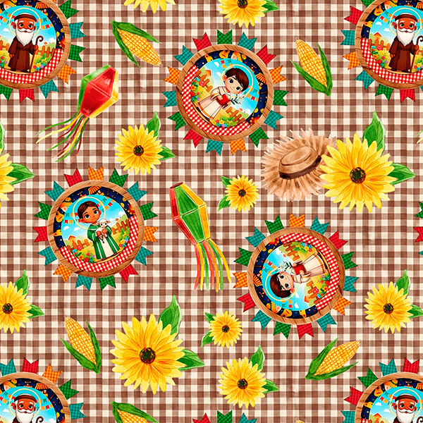 Tecido Tricoline Estampado Medalhão dos Santos Juninos Xadrez 9050v467