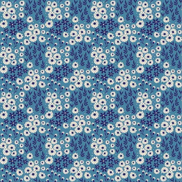 Tecido Tricoline Estampado Mini Floral e Folhagem Fundo Azul 2016v06