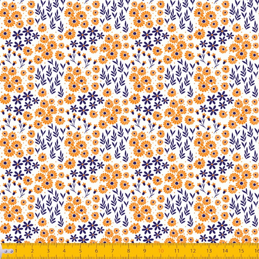 Tecido Tricoline Estampado Mini Floral Laranja Azul e Folhagem Fundo Branco 2016v07