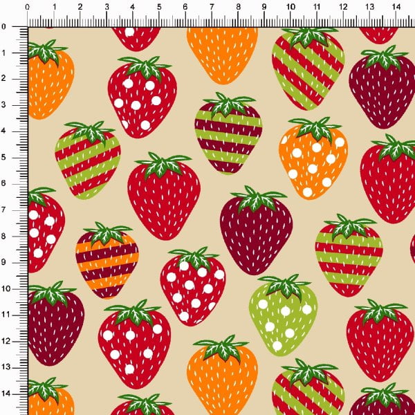 Tecido Tricoline Estampado Morangos Patchwork Fundo Bege 6470v05