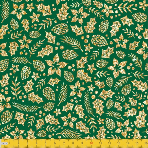 Tecido Tricoline Estampado Natal Folhas Douradas Verde 1277v59