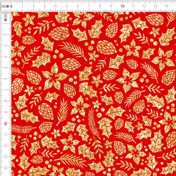 Tecido Tricoline Estampado Natal Folhas Douradas Vermelho 1277v264