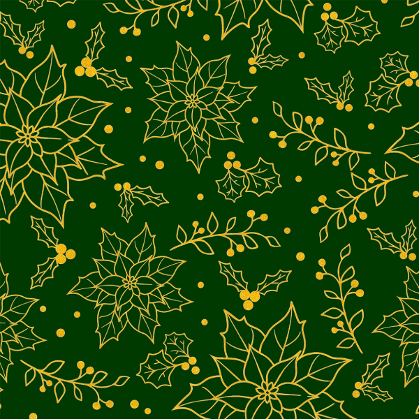 Tecido Tricoline Estampado Natal Traços Flores Douradas Verde 1416v264