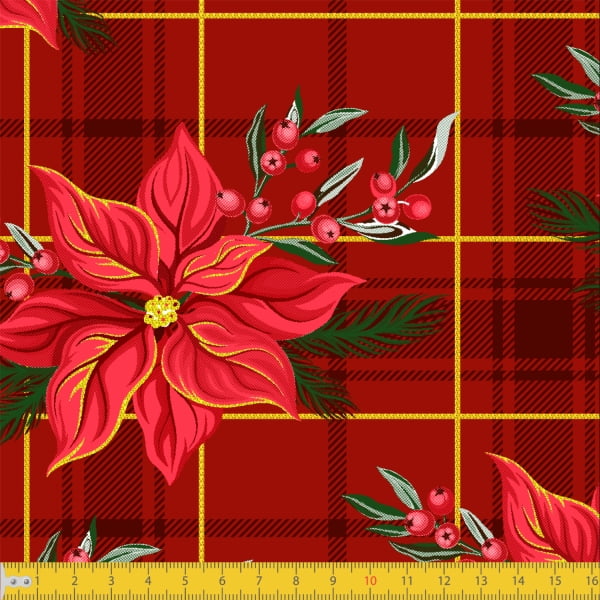 Tecido Tricoline Estampado Natal Xadrez Floral Vermelho 8053v01