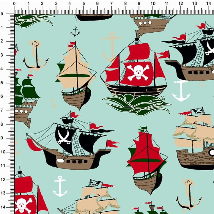 Tecido Tricoline Estampado Navios Piratas Verde Claro 6473v01