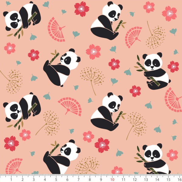 Tecido Tricoline Estampado Panda e Bambu Rosa 7133v02