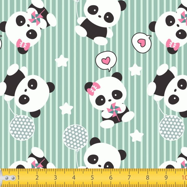 Tecido Tricoline Estampado Pandas Fundo Verde 5046v01