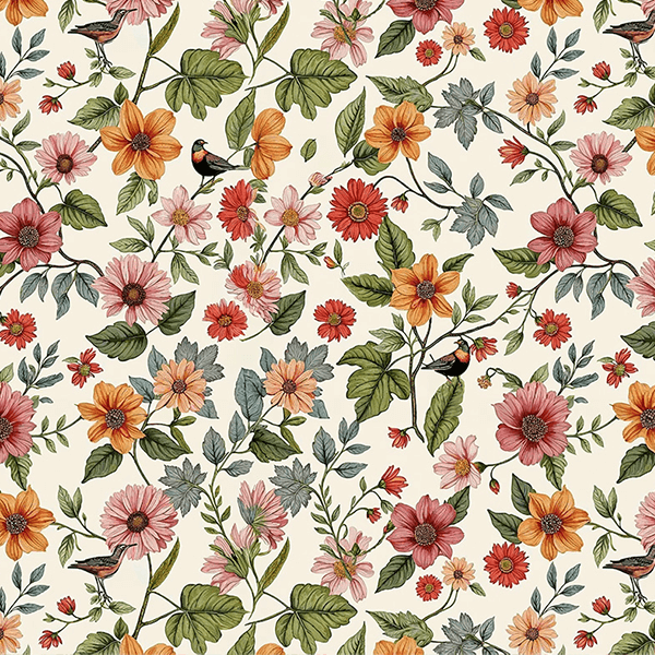 Tecido Tricoline Estampado Passaros e Ramos 9050V403