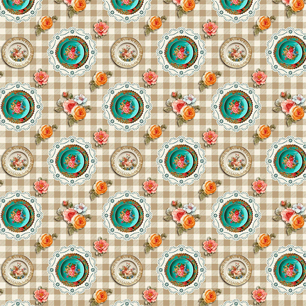 Tecido Tricoline Estampado Porcelanas Florais Fundo Xadrez 9050V479