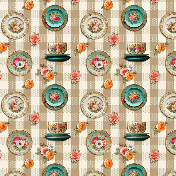 Tecido Tricoline Estampado Porcelanas Florais Fundo Xadrez 9050V486