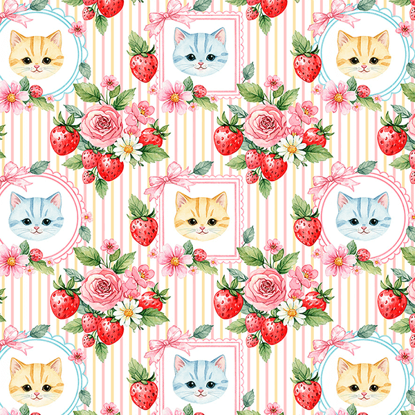 Tecido Tricoline Estampado Quadros de Gatinhos Listrado 9050V446