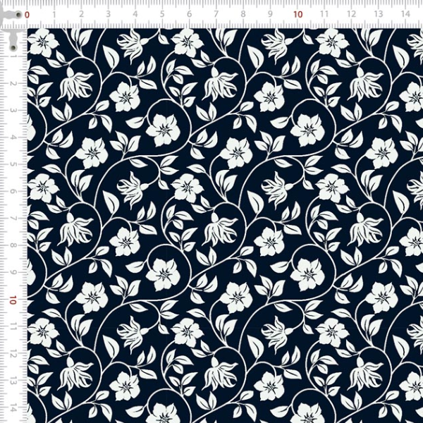Tecido Tricoline Estampado Ramos de Flores Fundo Marinho 1407V605