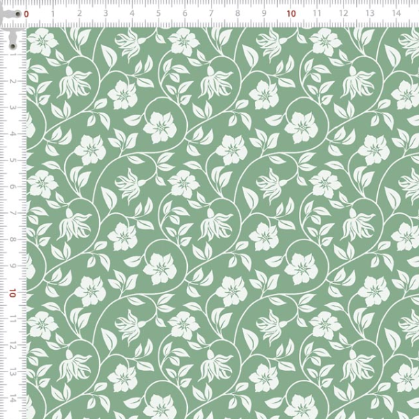 Tecido Tricoline Estampado Ramos de Flores Fundo Verde 1407V272