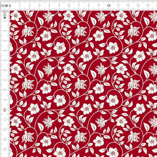 Tecido Tricoline Estampado Ramos de Flores Fundo Vermelho 1407V106