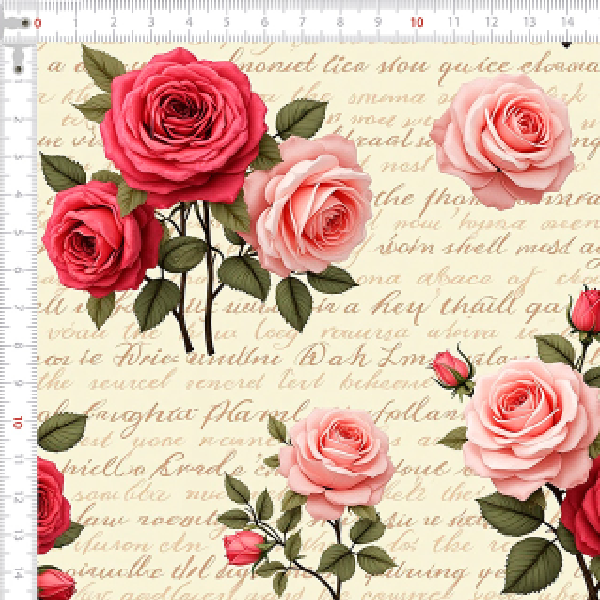 Tecido Tricoline Estampado Rosas com Manuscrito Vintage 9050v292