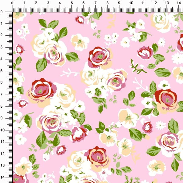 Tecido Tricoline Estampado Roseiras Fundo Rosa 6474v4