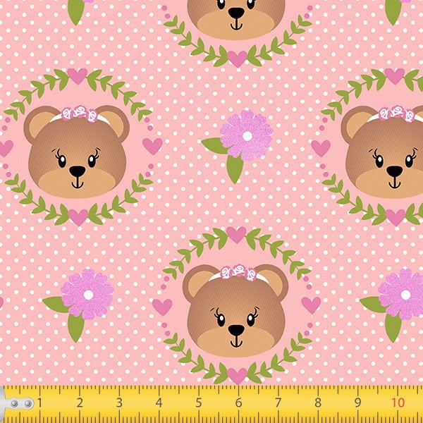 Tecido Tricoline Estampado Urso Floral Rosa 7118v01