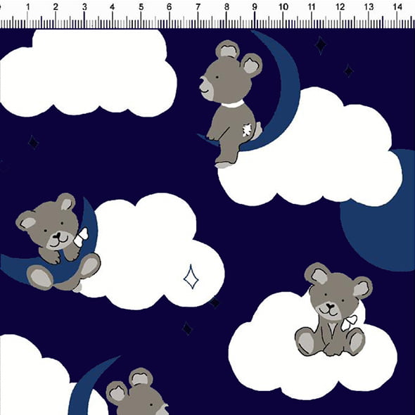 Tecido Tricoline Estampado Ursos Nas Nuvens Fundo Azul Marinho 5358-4