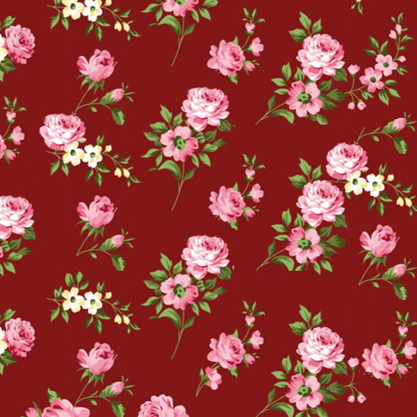 Tecido Tricoline Floral Rosa Fundo Vinho 2931