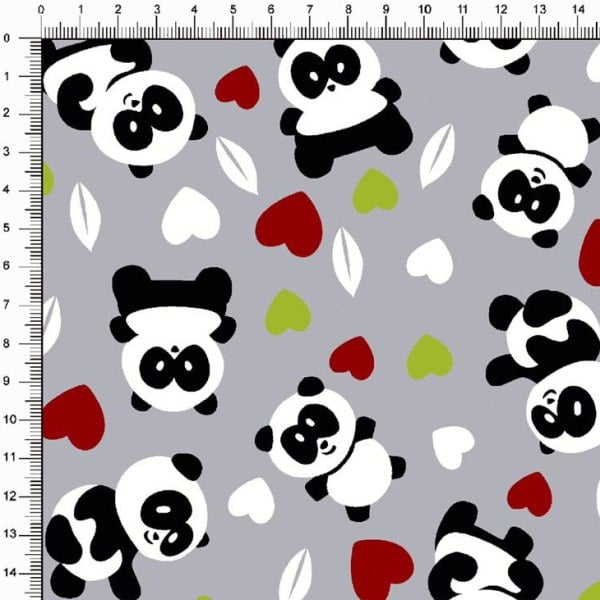 Tecido Tricoline Pandas e Corações Fundo Cinza 4357v05