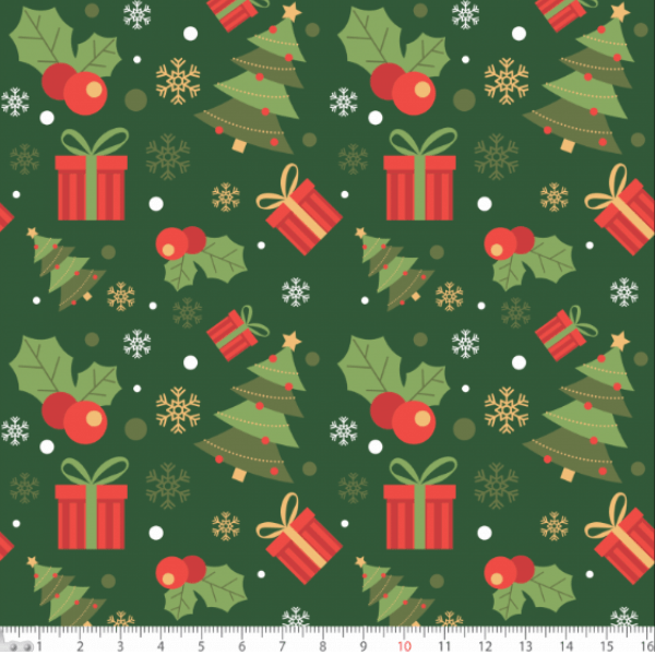 Tecido Tricoline Presentes e Árvores de Natal Verde 6194v001