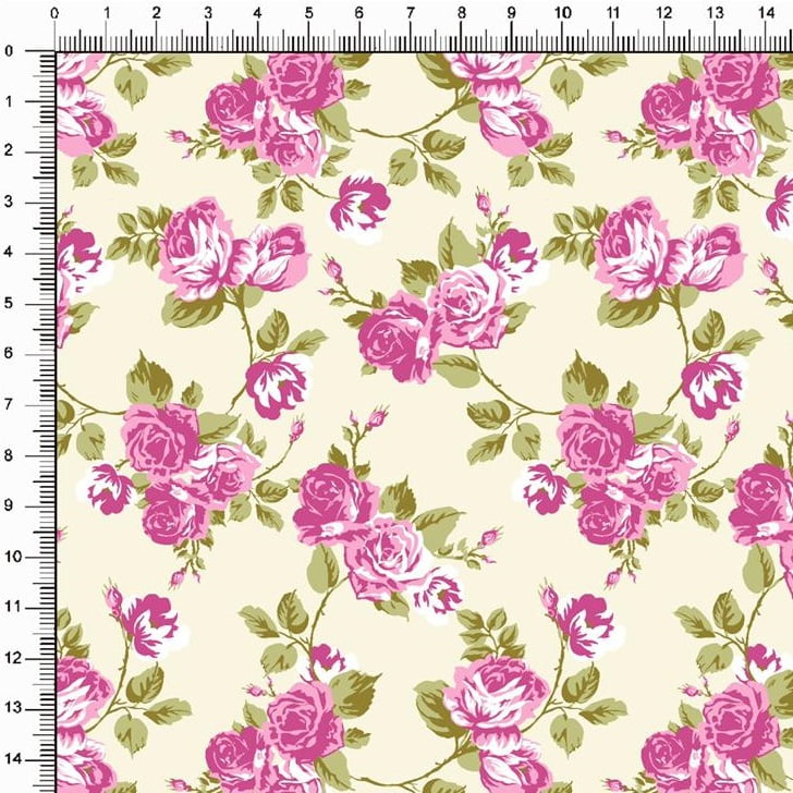 Tecido Tricoline Estampado Floral Roseiras Fundo Amarelo Claro 5364v02