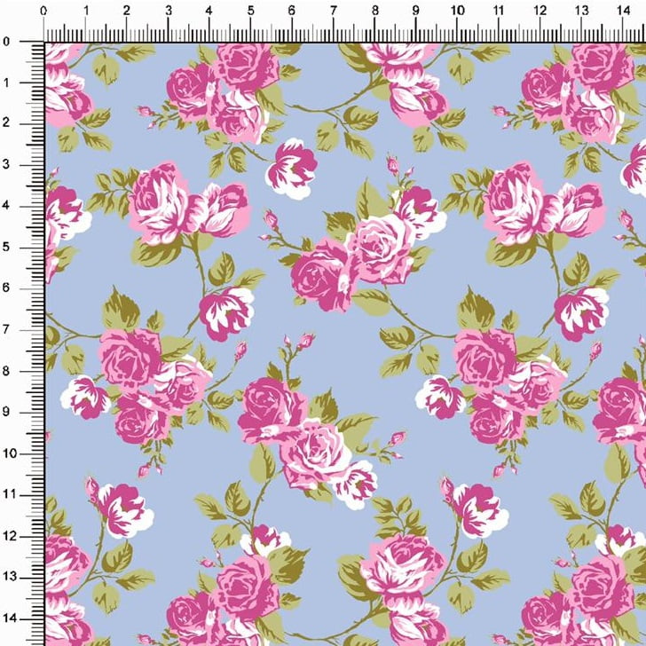 Tecido Tricoline Estampado Floral Roseiras Fundo Azul Claro 5364v03