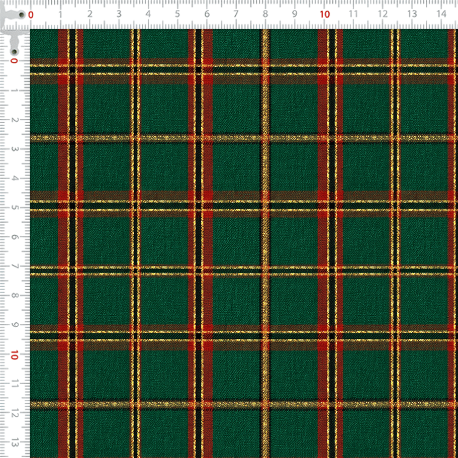 Tecido Tricoline Xadrez Natalino Verde e Dourado Fio Lurex 1054