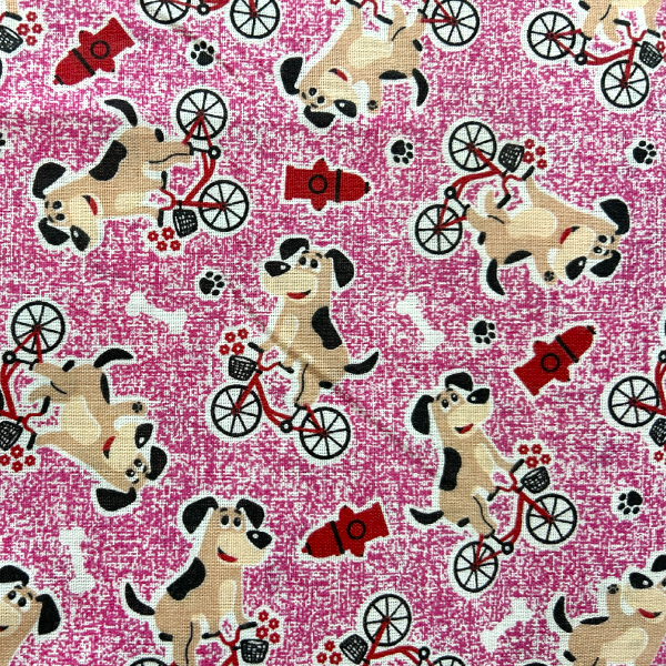 Tricoline Estampado Cachorro e Bicicleta Fundo Rosa 2192