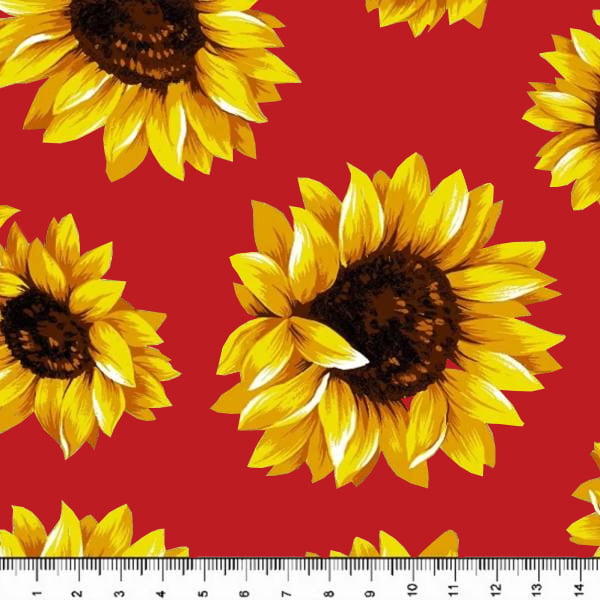 Tricoline Estampado Floral Girassol Fundo Vermelho 6410-5